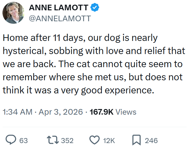 ANNE LAMOTT @ANNELAMOTT Home after 11 days, our dog is nearly hysterical, sobbing with love and relief that we are back. The cat cannot quite seem to remember where she met us, but does not think it was a very good experience. 1:34 AM Apr 3, 2026 167.9K Views 63 17352 12K 246