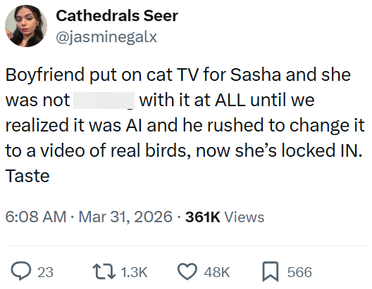 Cathedrals Seer @jasminegalx Boyfriend put on cat TV for Sasha and she with it at ALL until we was not realized it was Al and he rushed to change it to a video of real birds, now she's locked IN. Taste 6:08 AM · Mar 31, 2026 361K Views 23 1.3K 48K 566