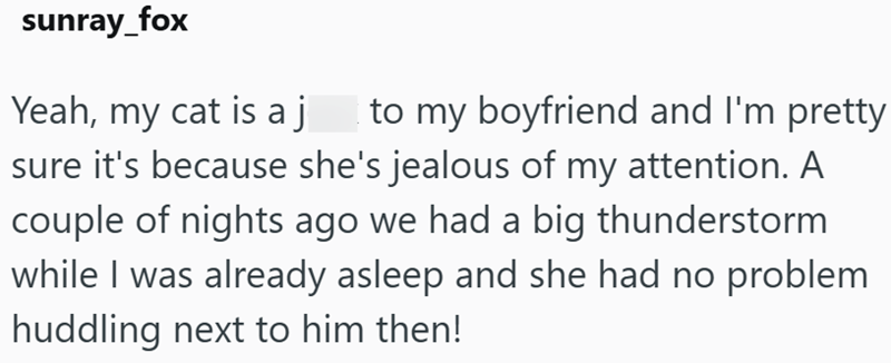 sunray_fox Yeah, my cat is a j to my boyfriend and I'm pretty sure it's because she's jealous of my attention. A couple of nights ago we had a big thunderstorm while I was already asleep and she had no problem huddling next to him then!