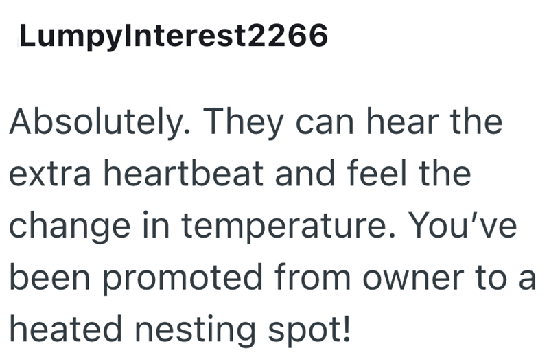 LumpyInterest2266 Absolutely. They can hear the extra heartbeat and feel the change in temperature. You've been promoted from owner to a heated nesting spot!