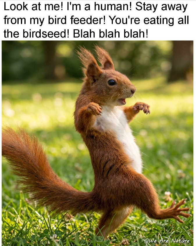 Look at me! I'm a human! Stay away from my bird feeder! You're eating all the birdseed! Blah blah blah! @We Are Nature