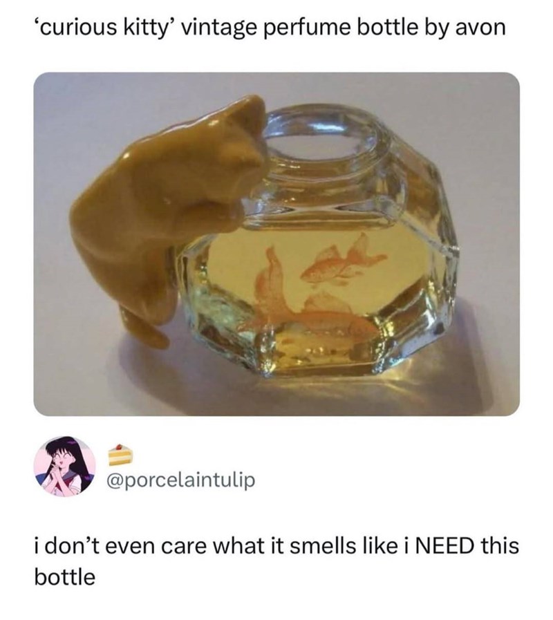 'curious kitty' vintage perfume bottle by avon @porcelaintulip i don't even care what it smells like i NEED this bottle