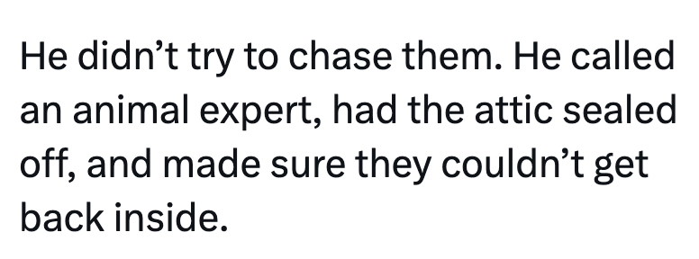 He didn't try to chase them. He called an animal expert, had the attic sealed. off, and made sure they couldn't get back inside.