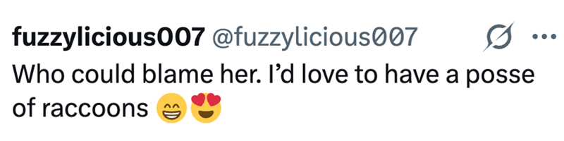 fuzzylicious007 @fuzzylicious007 0 Who could blame her. I'd love to have a posse of raccoons