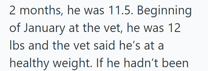 2 months, he was 11.5. Beginning of January at the vet, he was 12 lbs and the vet said he's at a healthy weight. If he hadn't been