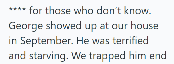 **** for those who don't know. George showed up at our house in September. He was terrified and starving. We trapped him end