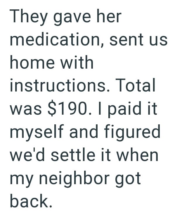 They gave her medication, sent us home with instructions. Total was $190. I paid it myself and figured we'd settle it when my neighbor got back.