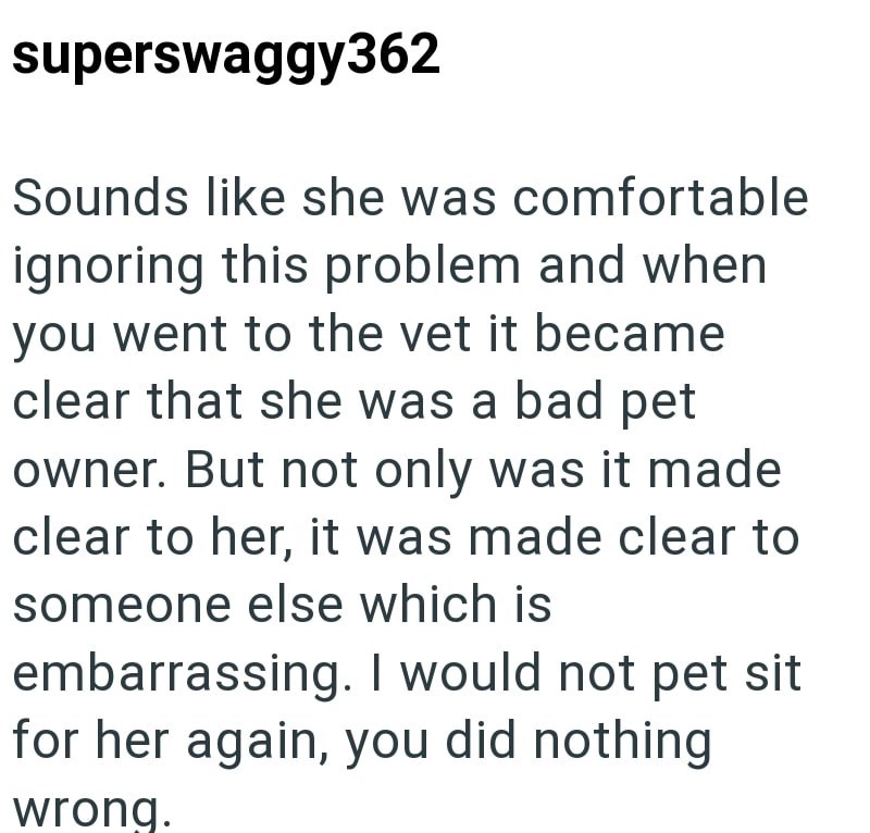 superswaggy362 Sounds like she was comfortable ignoring this problem and when you went to the vet it became clear that she was a bad pet owner. But not only was it made clear to her, it was made clear to someone else which is embarrassing. I would not pet sit for her again, you did nothing wrong.