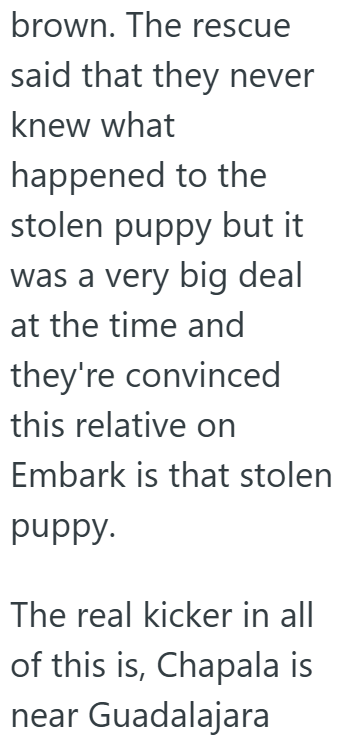 brown. The rescue said that they never knew what happened to the stolen puppy but it was a very big deal at the time and they're convinced this relative on Embark is that stolen puppy. The real kicker in all of this is, Chapala is near Guadalajara