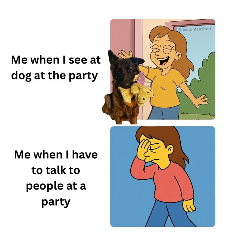 Me when I see at dog at the party Me when I have to talk to people at a party @axelunleashed