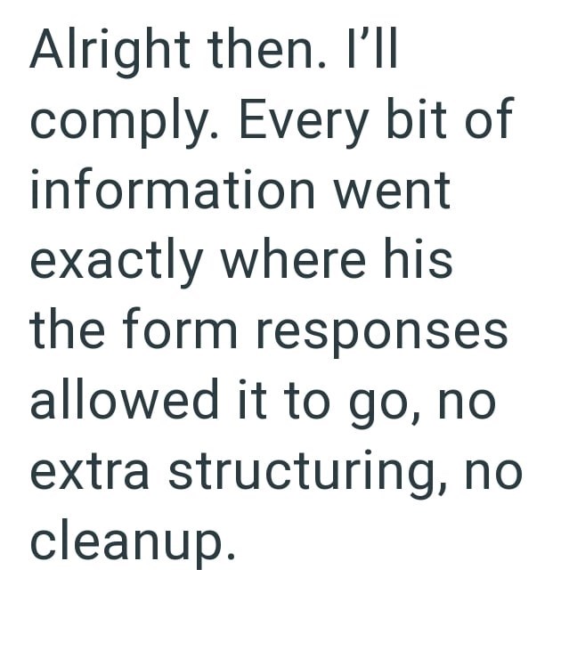 Alright then. I'll comply. Every bit of information went exactly where his the form responses allowed it to go, no extra structuring, no cleanup.