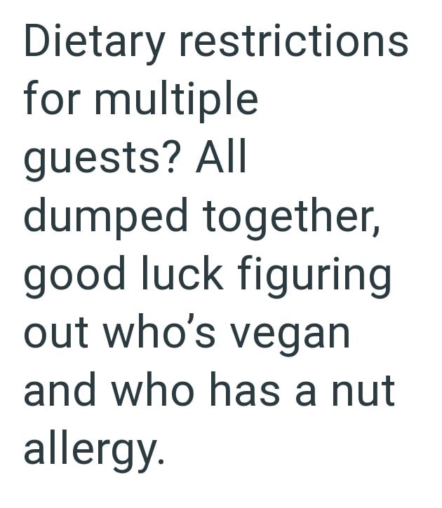 Dietary restrictions for multiple guests? All dumped together, good luck figuring out who's vegan and who has a nut allergy.