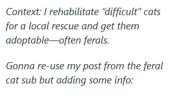 Context: I rehabilitate "difficult" cats for a local rescue and get them adoptable-often ferals. Gonna re-use my post from the feral cat sub but adding some info: