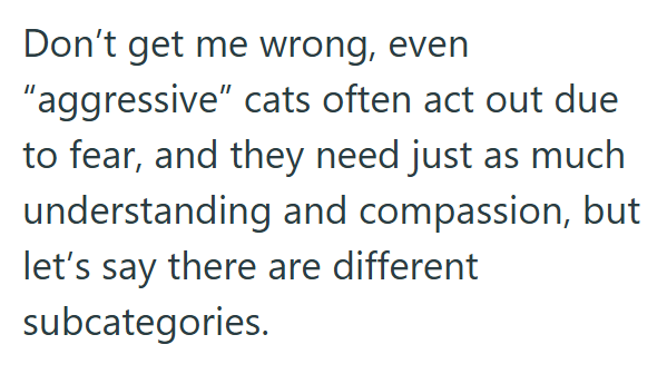 Don't get me wrong, even "aggressive" cats often act out due to fear, and they need just as much understanding and compassion, but let's say there are different subcategories.