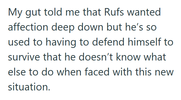 My gut told me that Rufs wanted affection deep down but he's so used to having to defend himself to survive that he doesn't know what else to do when faced with this new situation.