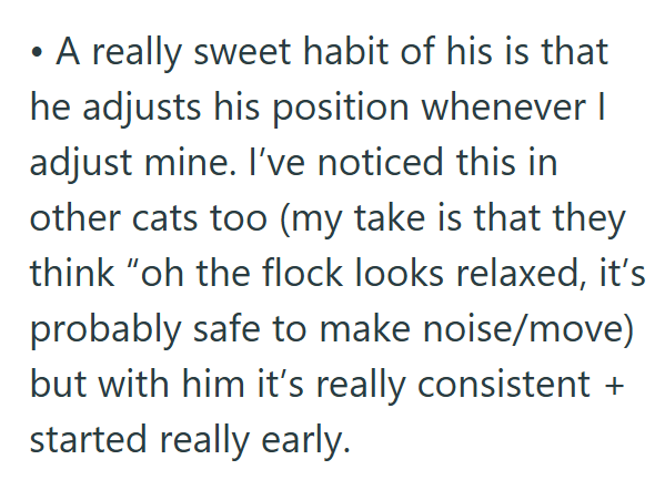 A really sweet habit of his is that he adjusts his position whenever I adjust mine. I've noticed this in other cats too (my take is that they think "oh the flock looks relaxed, it's probably safe to make noise/move) but with him it's really consistent + started really early.