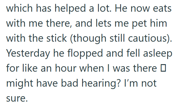 which has helped a lot. He now eats with me there, and lets me pet him with the stick (though still cautious). Yesterday he flopped and fell asleep for like an hour when I was there □ might have bad hearing? I'm not sure.