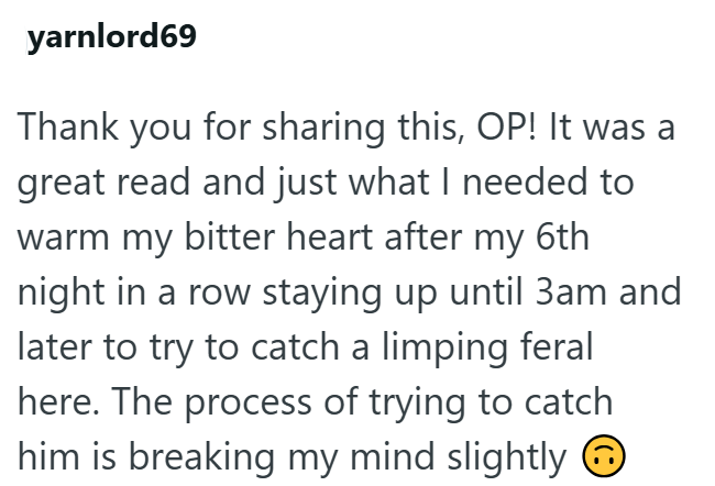 yarnlord69 Thank you for sharing this, OP! It was a great read and just what I needed to warm my bitter heart after my 6th night in a row staying up until 3am and later to try to catch a limping feral here. The process of trying to catch him is breaking my mind slightly