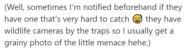 (Well, sometimes I'm notified beforehand if they have one that's very hard to catch they have wildlife cameras by the traps so I usually get a grainy photo of the little menace hehe.)