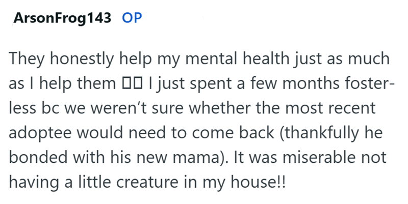 Arson Frog 143 OP They honestly help my mental health just as much as I help them □□ I just spent a few months foster- less bc we weren't sure whether the most recent adoptee would need to come back (thankfully he bonded with his new mama). It was miserable not having a little creature in my house!!