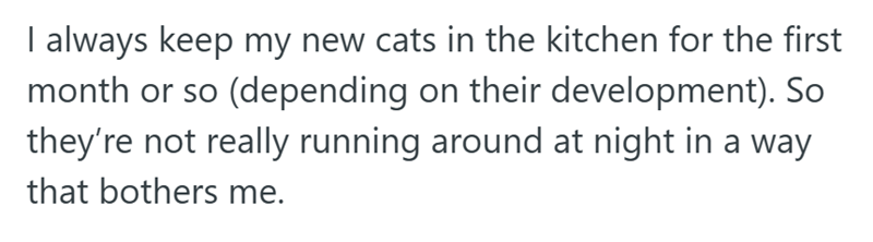 I always keep my new cats in the kitchen for the first month or so (depending on their development). So they're not really running around at night in a way that bothers me.