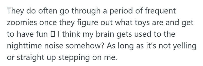 They do often go through a period of frequent zoomies once they figure out what toys are and get to have fun I think my brain gets used to the nighttime noise somehow? As long as it's not yelling or straight up stepping on me.