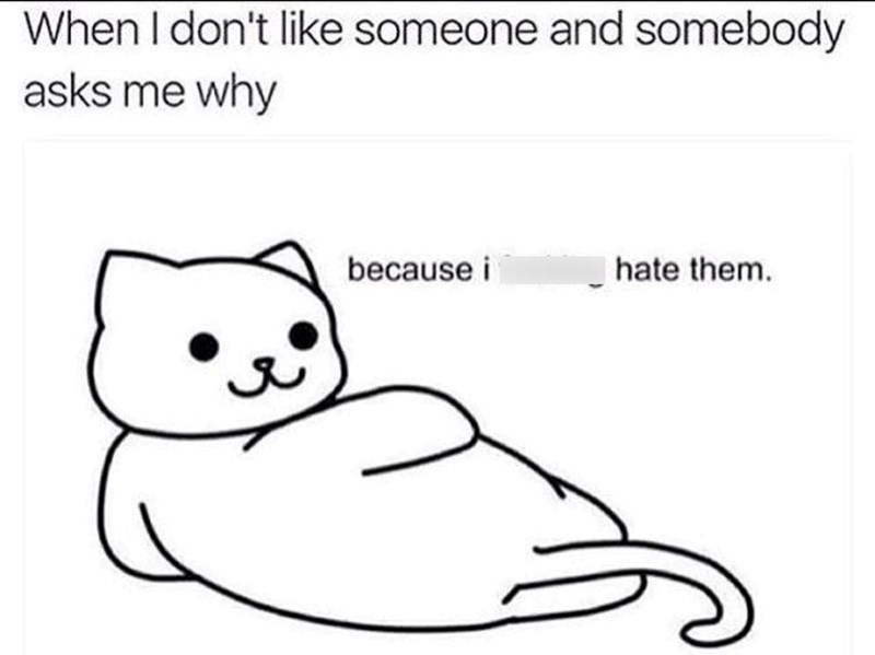 When I don't like someone and somebody asks me why because i hate them.