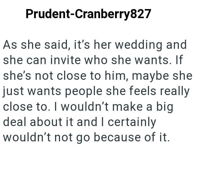 Prudent-Cranberry827 As she said, it's her wedding and she can invite who she wants. If she's not close to him, maybe she just wants people she feels really close to. I wouldn't make a big deal about it and I certainly wouldn't not go because of it.