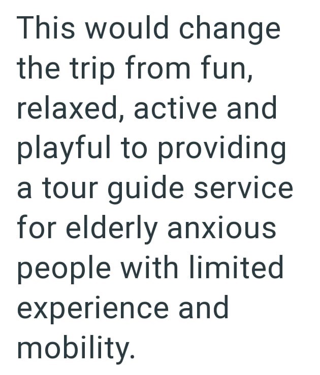 This would change the trip from fun, relaxed, active and playful to providing a tour guide service for elderly anxious people with limited experience and mobility.