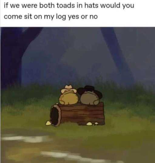 if we were both toads in hats would you come sit on my log yes or no