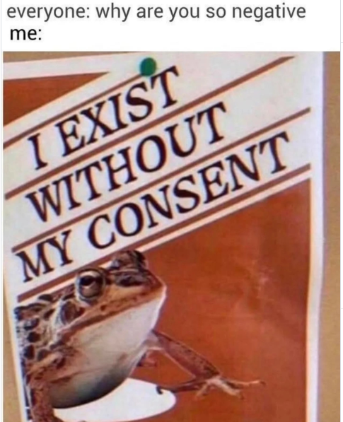 me: everyone: why are you so negative I EXIST WITHOUT MY CONSENT