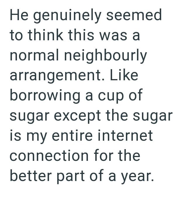 He genuinely seemed to think this was a normal neighbourly arrangement. Like borrowing a cup of sugar except the sugar is my entire internet connection for the better part of a year.