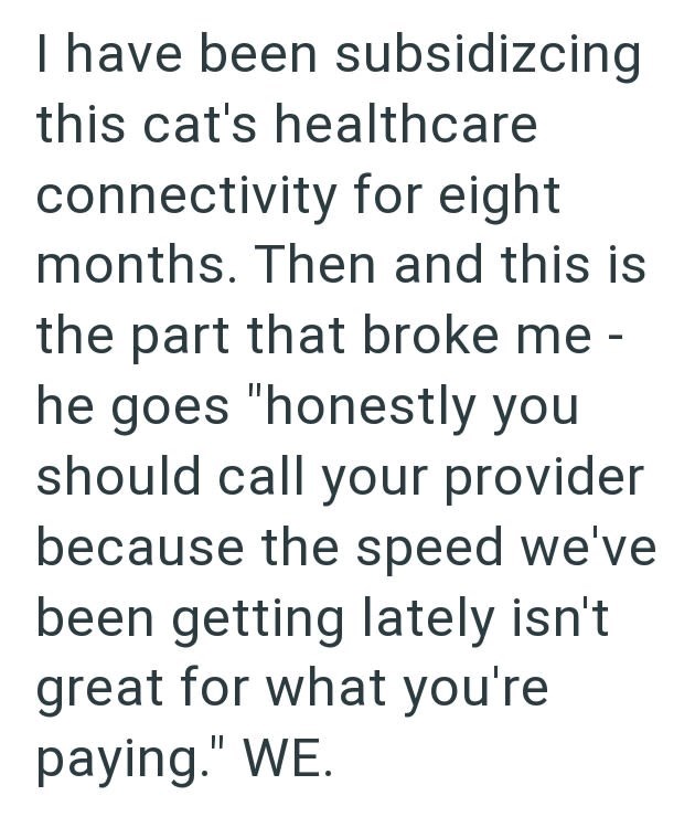 I have been subsidizcing this cat's healthcare connectivity for eight months. Then and this is the part that broke me - he goes "honestly you should call your provider because the speed we've been getting lately isn't great for what you're paying." WE.