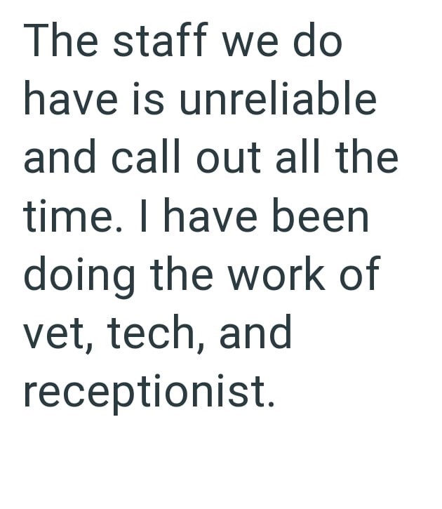 The staff we do have is unreliable and call out all the time. I have been doing the work of vet, tech, and receptionist.