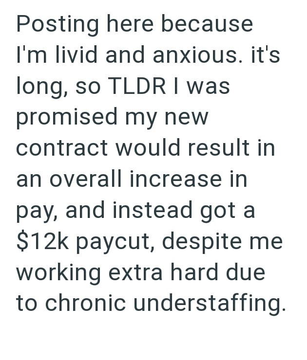 Posting here because I'm livid and anxious. it's long, so TLDR I was promised my new contract would result in an overall increase in pay, and instead got a $12k paycut, despite me working extra hard due to chronic understaffing.