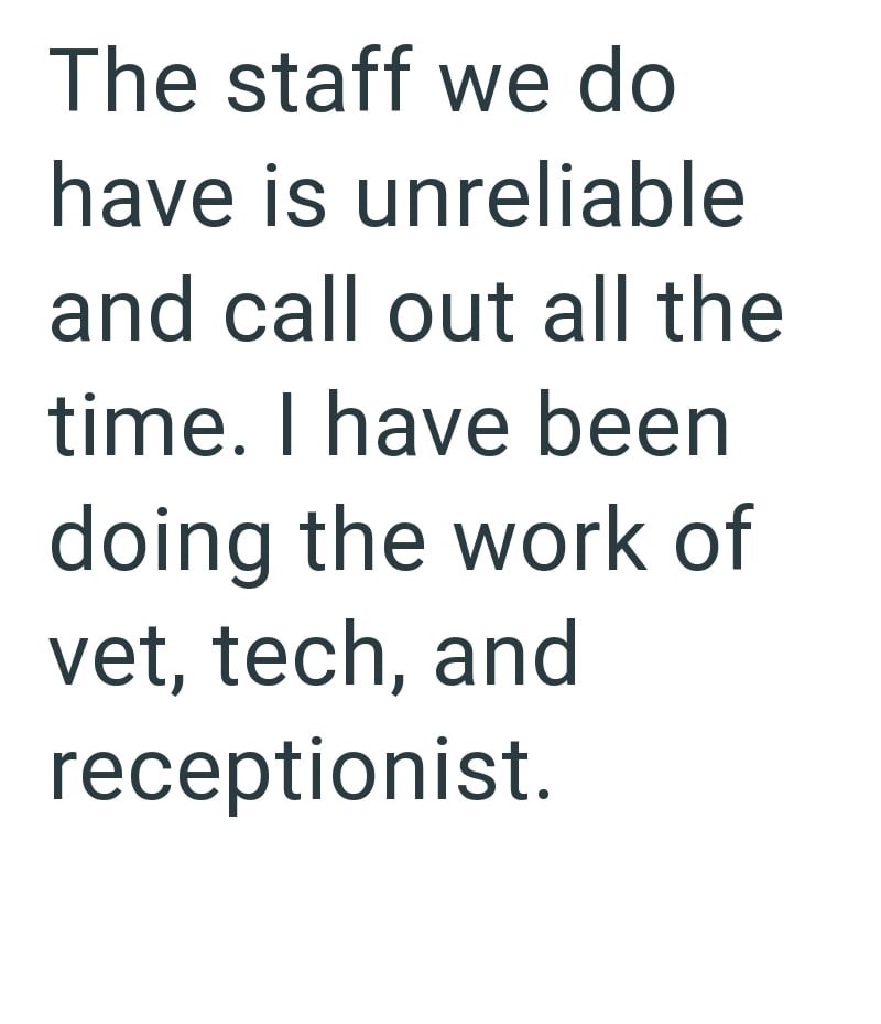 The staff we do have is unreliable and call out all the time. I have been doing the work of vet, tech, and receptionist.