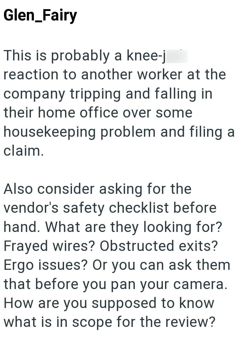 Glen_Fairy This is probably a knee-j reaction to another worker at the company tripping and falling in their home office over some housekeeping problem and filing a claim. Also consider asking for the vendor's safety checklist before hand. What are they looking for? Frayed wires? Obstructed exits? Ergo issues? Or you can ask them that before you pan your camera. How are you supposed to know what is in scope for the review?