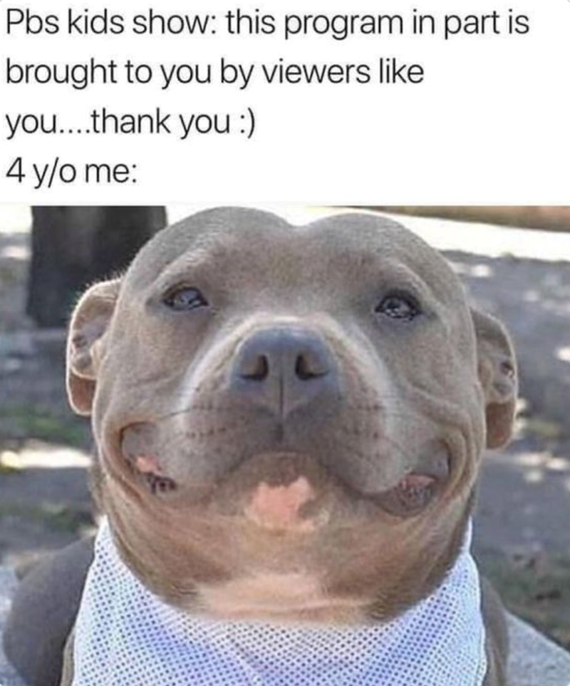 Pbs kids show: this program in part is brought to you by viewers like you....thank you :) 4 y/o me: