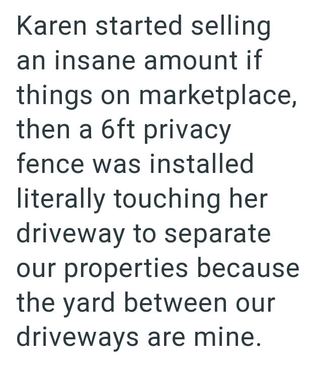Karen started selling an insane amount if things on marketplace, then a 6ft privacy fence was installed literally touching her driveway to separate our properties because the yard between our driveways are mine.