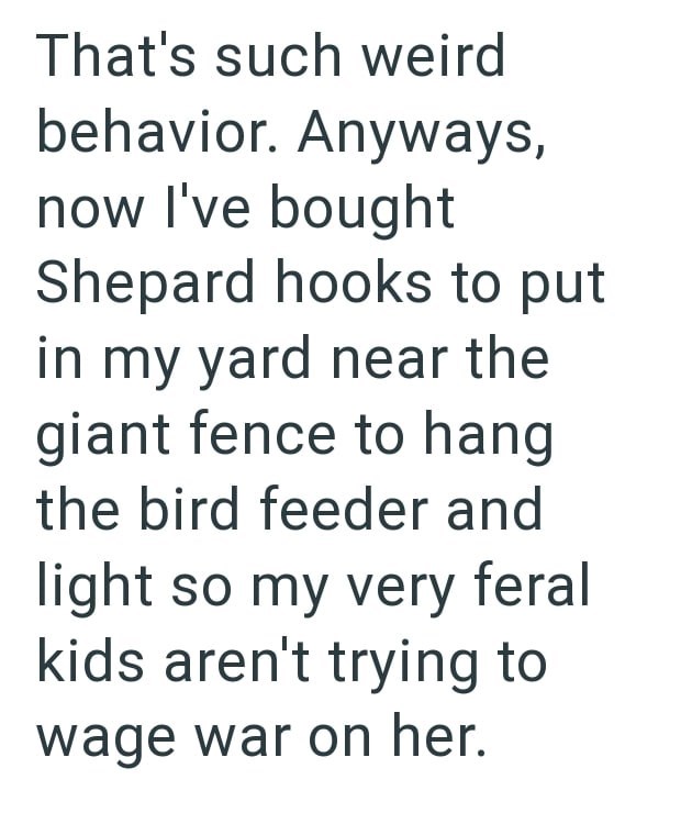 That's such weird behavior. Anyways, now I've bought Shepard hooks to put in my yard near the giant fence to hang the bird feeder and light so my very feral kids aren't trying to wage war on her.