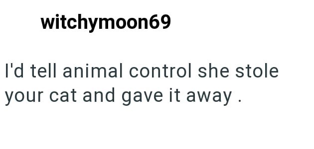 witchymoon69 I'd tell animal control she stole your cat and gave it away.