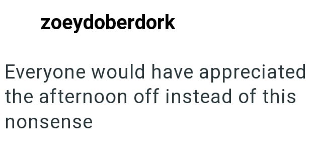 zoeydoberdork Everyone would have appreciated the afternoon off instead of this nonsense