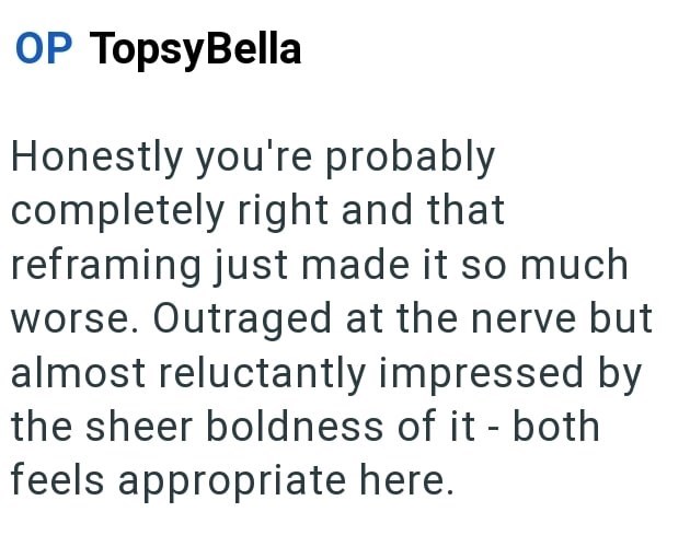 OP TopsyBella Honestly you're probably completely right and that reframing just made it so much worse. Outraged at the nerve but almost reluctantly impressed by the sheer boldness of it - both feels appropriate here.