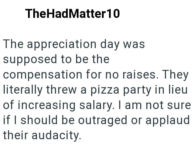 TheHadMatter 10 The appreciation day was supposed to be the compensation for no raises. They literally threw a pizza party in lieu of increasing salary. I am not sure if I should be outraged or applaud their audacity.