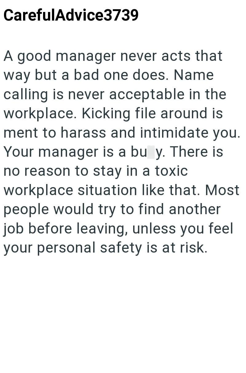 CarefulAdvice3739 A good manager never acts that way but a bad one does. Name calling is never acceptable in the workplace. Kicking file around is ment to harass and intimidate you. Your manager is a bu y. There is no reason to stay in a toxic workplace situation like that. Most people would try to find another job before leaving, unless you feel your personal safety is at risk.