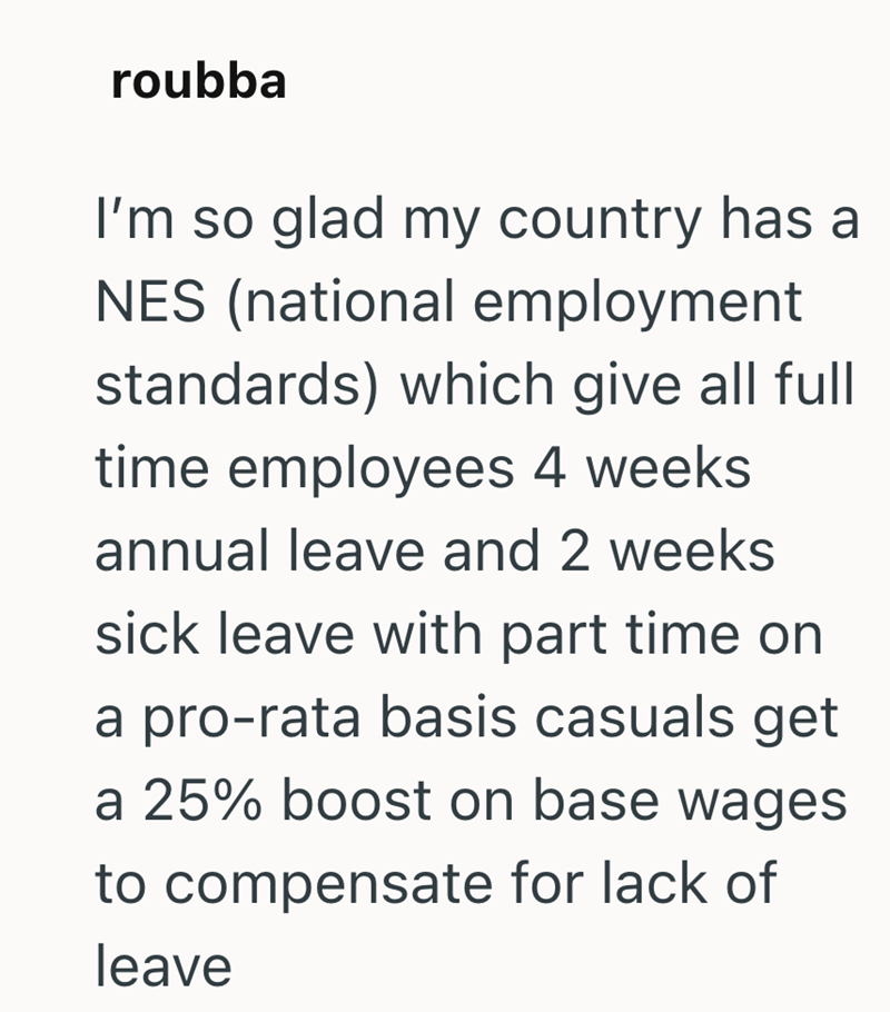 roubba I'm so glad my country has a NES (national employment. standards) which give all full time employees 4 weeks annual leave and 2 weeks sick leave with part time on a pro-rata basis casuals get a 25% boost on base wages to compensate for lack of leave