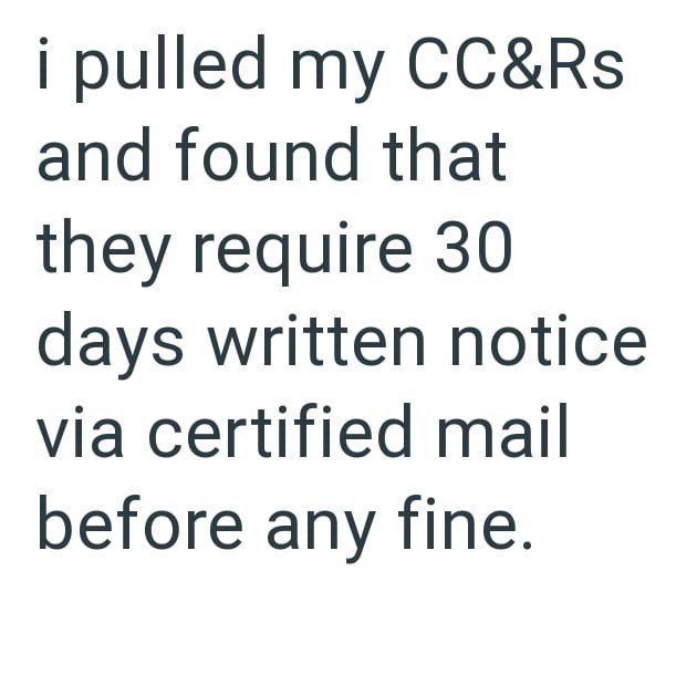 i pulled my CC&Rs and found that they require 30 days written notice via certified mail before any fine.