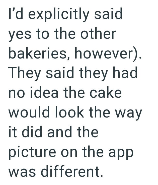 I'd explicitly said yes to the other bakeries, however). They said they had no idea the cake would look the way it did and the picture on the app was different.
