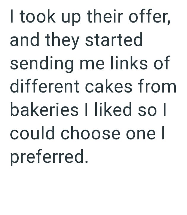 I took up their offer, and they started sending me links of different cakes from bakeries I liked so I could choose one I preferred.