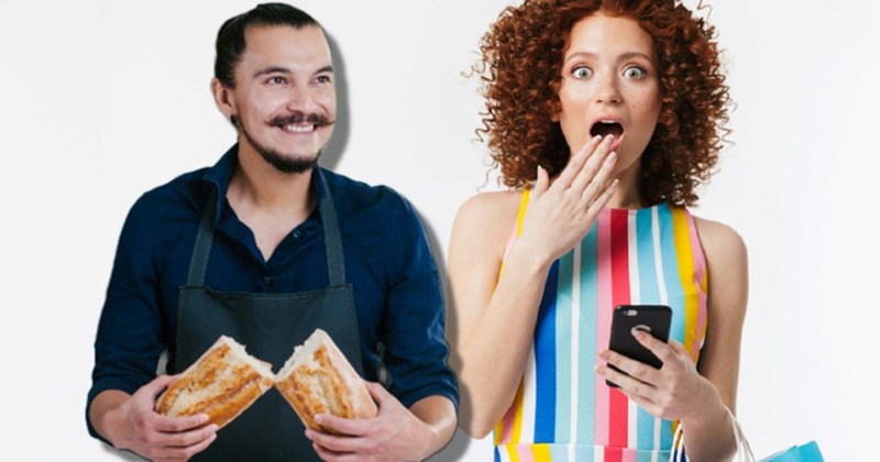 Woman reacts to getting bread crusts in her bag while a baker next to her displays a bread loaf.